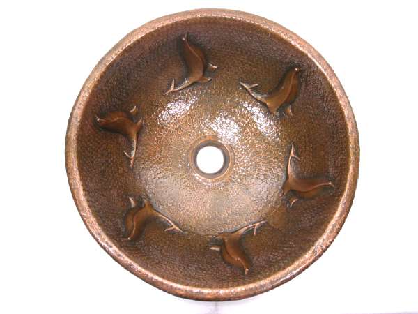 Mexican style hand  Hammered and handcraft Round Sea lion Bathroom Copper Sink